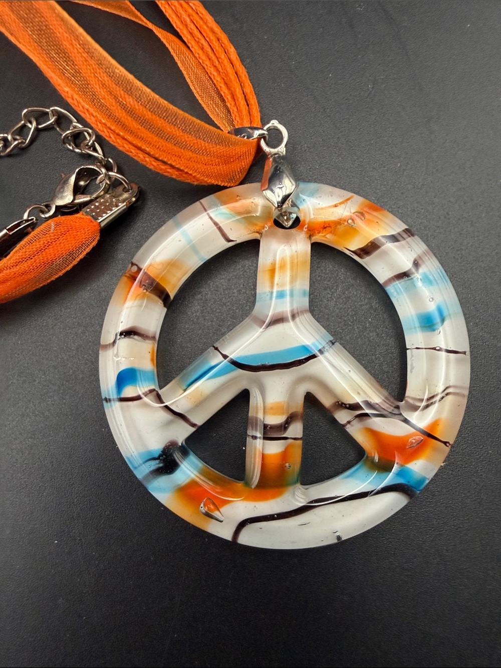 Vintage Lamp Glass Peace Sign Pendant With Orange Ribbon Cord